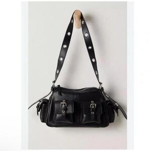 Free People Black Leather Adjustable Crossbody Shoulder Bag Grommets Buckles